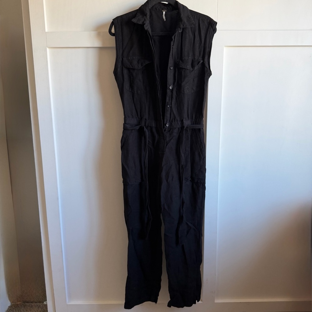 YFB Utility Sleeveless Black Linen Jumpsuit Sz XS